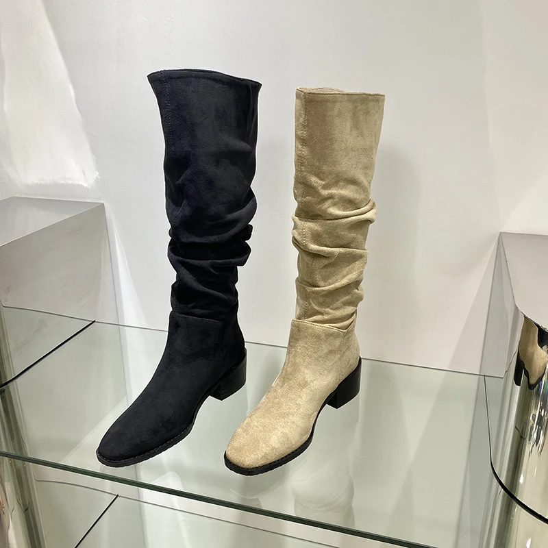 

Flock Women Knee High Boots Round Toe Western Booties Thick Low Heels Black Beige Winter Autumn Booties 2022 New Arrivals 35-39