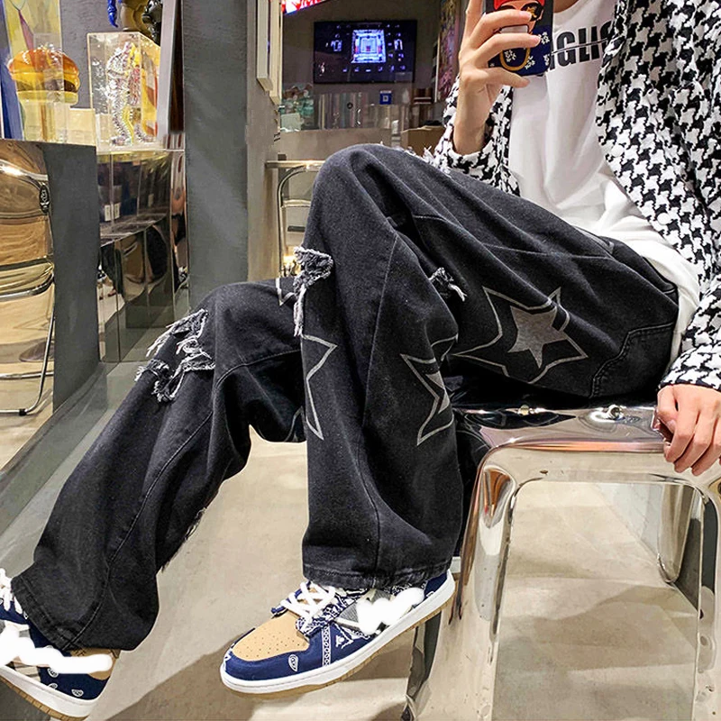 Vintage Women's Men's Korean Denim Pants Y2K Cltohes Streetwear Printed Patchwork Male Baggy Jeans Straight Trousers For Men