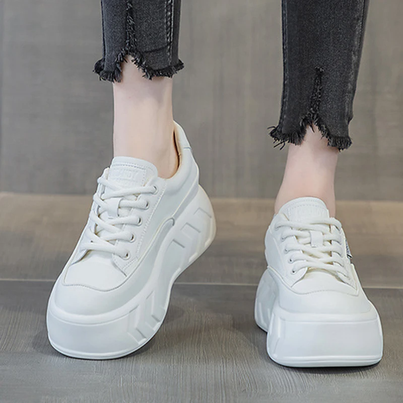 8cm Chunky Sneaker 2023 Air Mesh Genuine Leather Female Hidden Heels Casual Women Vulcanize Platform Fashion Comfy Woman Shoes