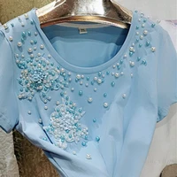 korean style heavy industry beads pearl three dimensional lace flower fairy socialite cotton t shirt for women blue tee top 2022