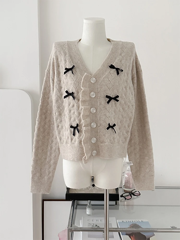 Женский трикотажный кардиган с бантом длинным рукавом и V-образным вырезом