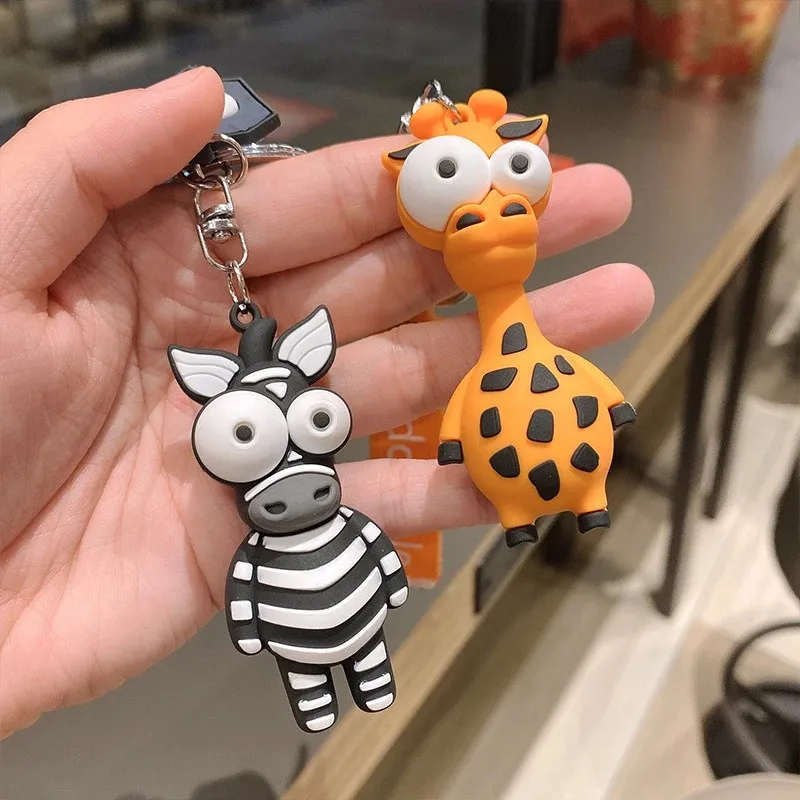 

Zebra keychain cartoon cute animal key rubber giraffe big eyes series pvc glue drop accessories creative car key ring ornament