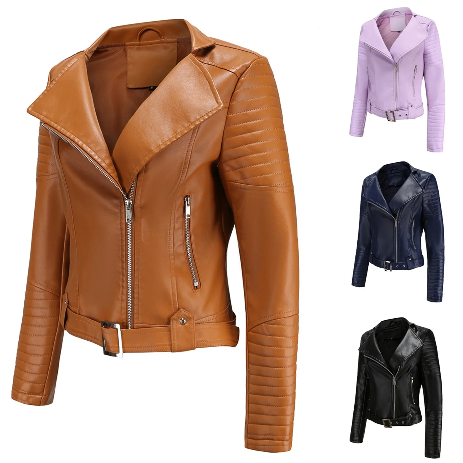 Женская повседневная куртка из однотонной искусственной кожи с карманами