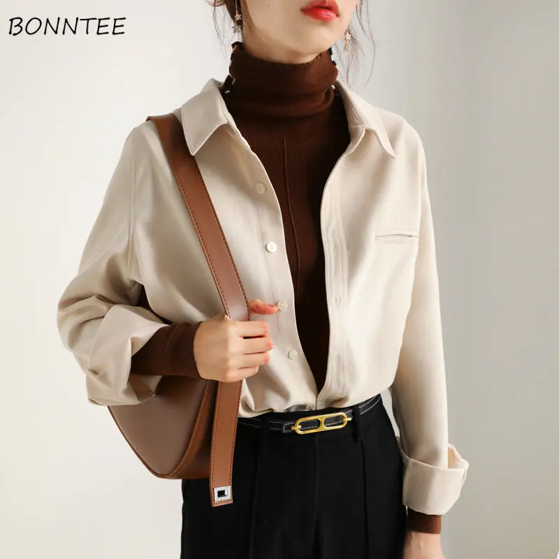 

Shirts Women Tender Retro Comfortable Simple Solid Ladies Hot Sale Elegant Casual Cozy Korean Style Mujer Hipster Blusas Autumn