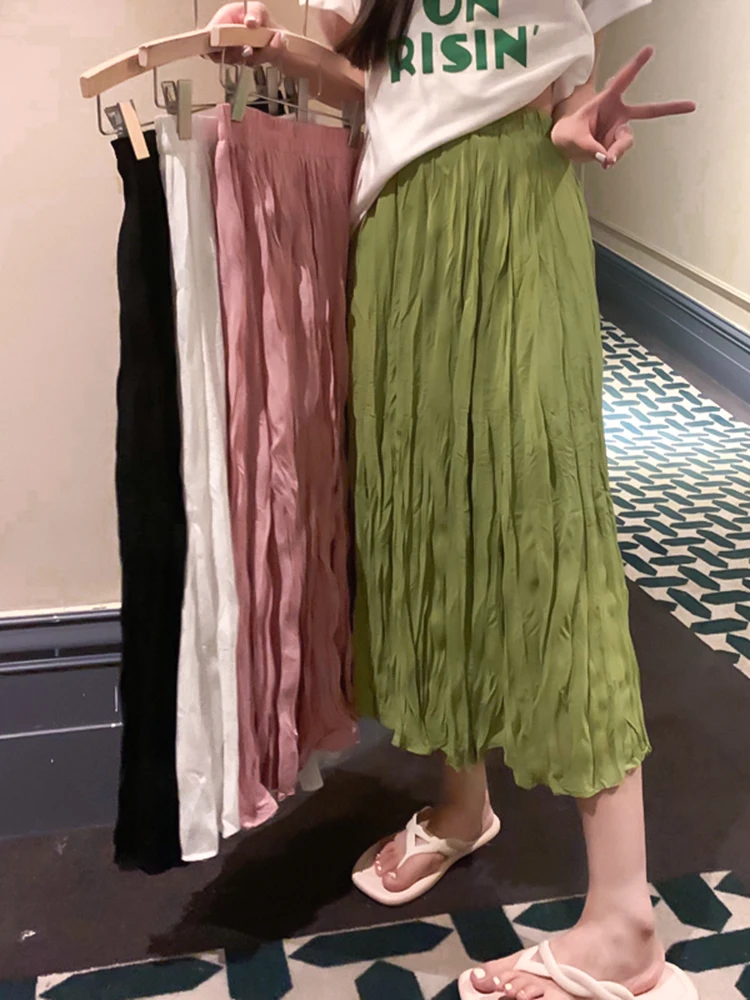 

JMPRS Fashion Women Long Skirt Korean High Waist Korean White Folds Skirts Casual Office Ladies Solid Pink Skirts