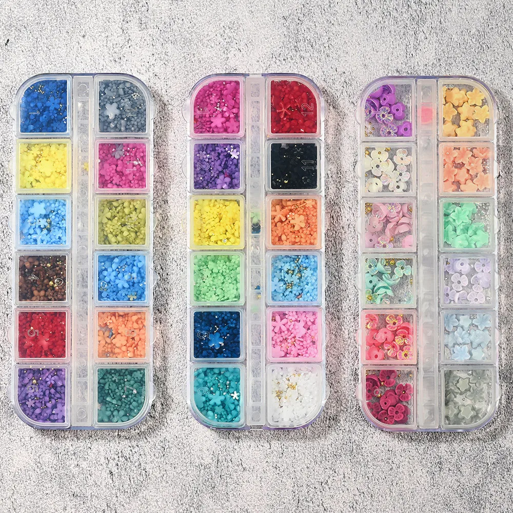 

12Grids/Box Five-petal Flower Rhinestones Nail Accessories 3D Shell Flower Nail Charms Gold Silver Beads Floral Manicure DIY Tip