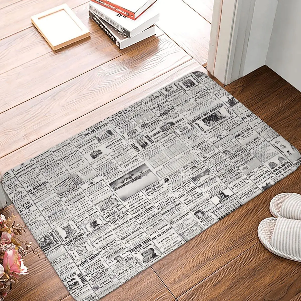 

Newspaper Non-slip Doormat Background Bath Kitchen Mat Welcome Carpet Flannel Modern Decor