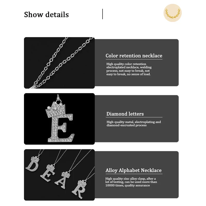 Поп вместе золото и серебро алмазная корона 26 Алфавит ожерелье имя Pinyin кулон