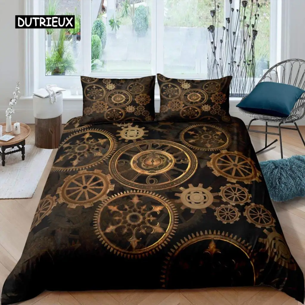

Ndustrial Gear Duvet Cover Set Queen Size Steampunk Style Locks Comforter Cover Boys Men Mechanical Device Polyester Bedding Set