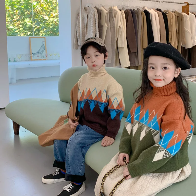 

Sweaters for Toddler Girl Boy Winter Clothes 2021 Korean Turtleneck Top Kids Baby Children's Knitted diamond Clothing