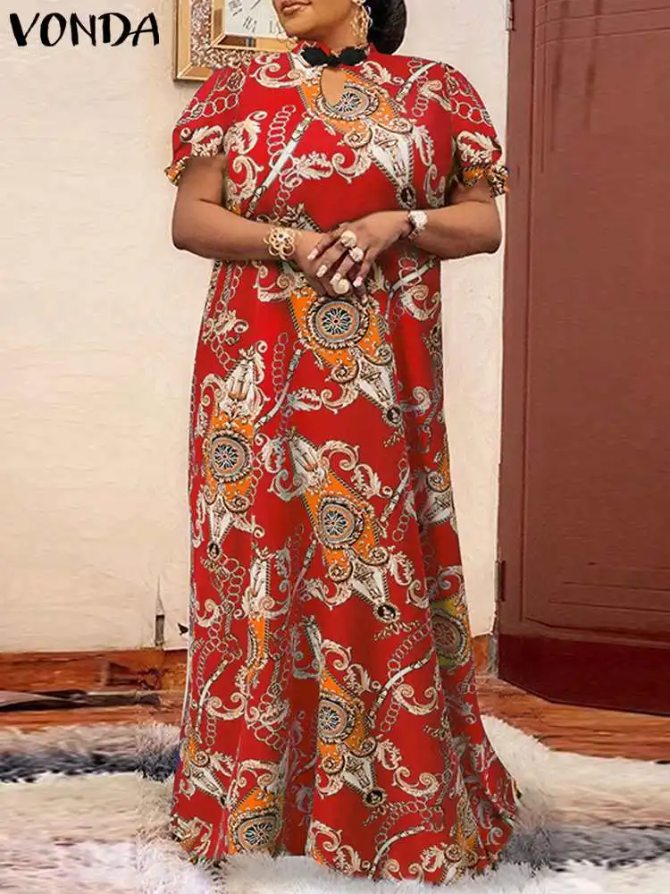 

VONDA Oversized Elegant Female Fashion Summer Party Vestido 2022 Loose Maxi Dress Women Casual Print Sundress Short Sleeve Robe