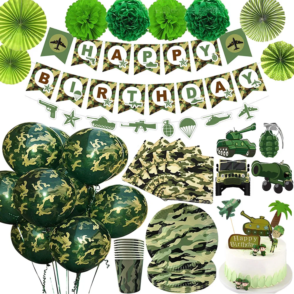 

Camouflage Party Tableware Paper Plate Cup Napkin Military Theme Birthday Decor Banner Camouflage Latex Ballons Army Cake Topper