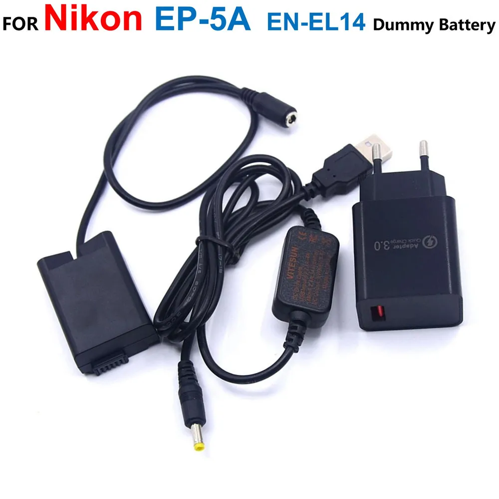 

EP-5A DC Coupler Adapter EN-EL14 Fake Battery+Power USB Cable+Charger For Nikon P7800 P7100 D5600 D5300 D5200 D5100 D3300 D3200