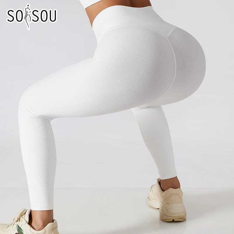 SOISOU Rib Fabric Yoga Seamless Leggings Women Gym Sport Fitness Breathable High Waist Women's Pants Tights Top Quality 7 Colors