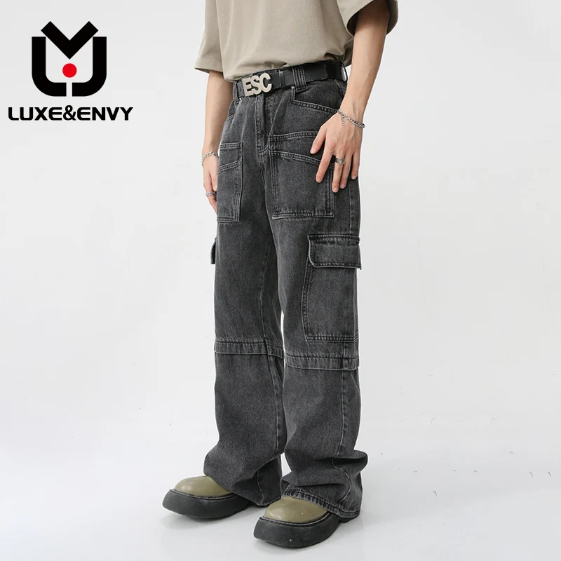 

LUXE&ENVY 2023 New Male Trendy Jeans Korean Fashion Mulit-pocket Washed Denim Pants Men Loose Wide Leg Staright Trousers Tide