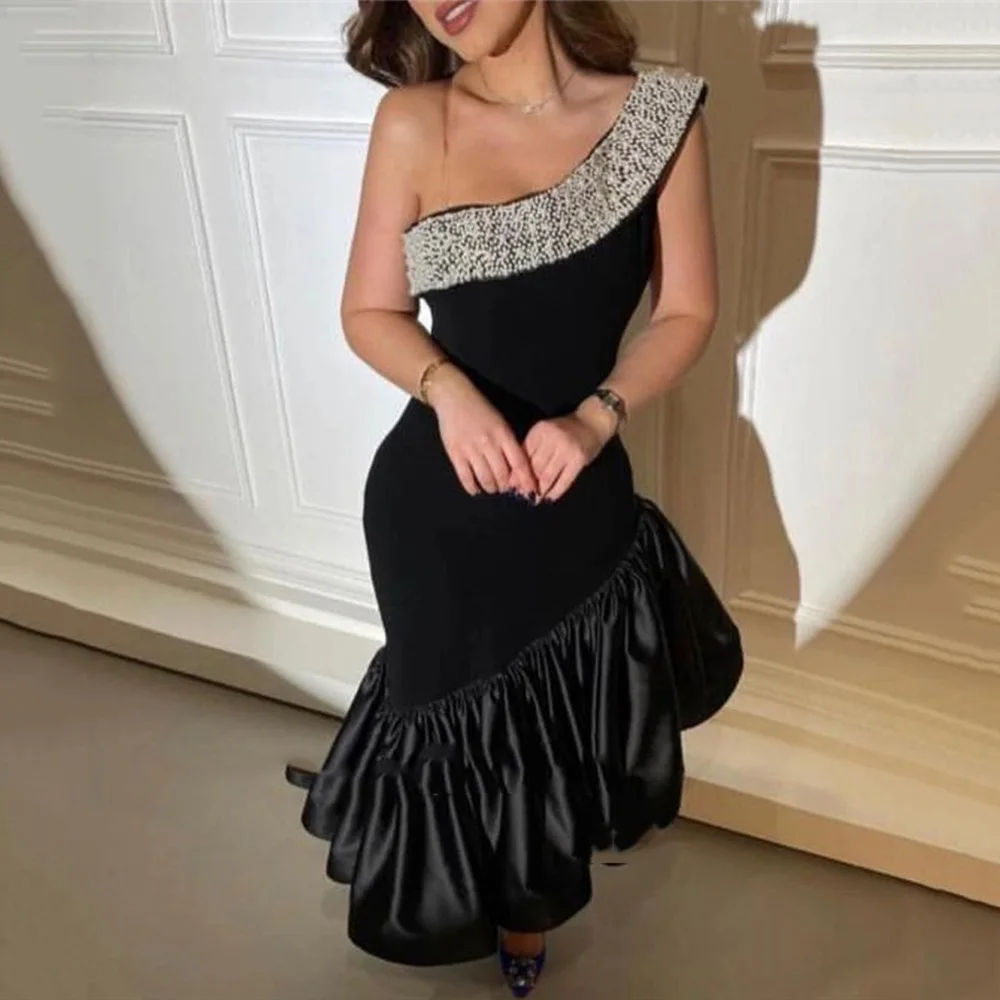 

Mermaid Black Velvet Pearls Evening Dresses 2022 Asymmetric Hem One Shoulder Saudi Arabic Women Formal Party Prom Dress