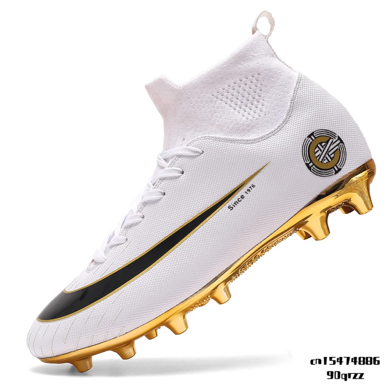 White Golden Men Football Boots High Ankle Soccer Shoe Women Soft Groud Man Trainer Gym Botas De Futbol Socks Cleats Training