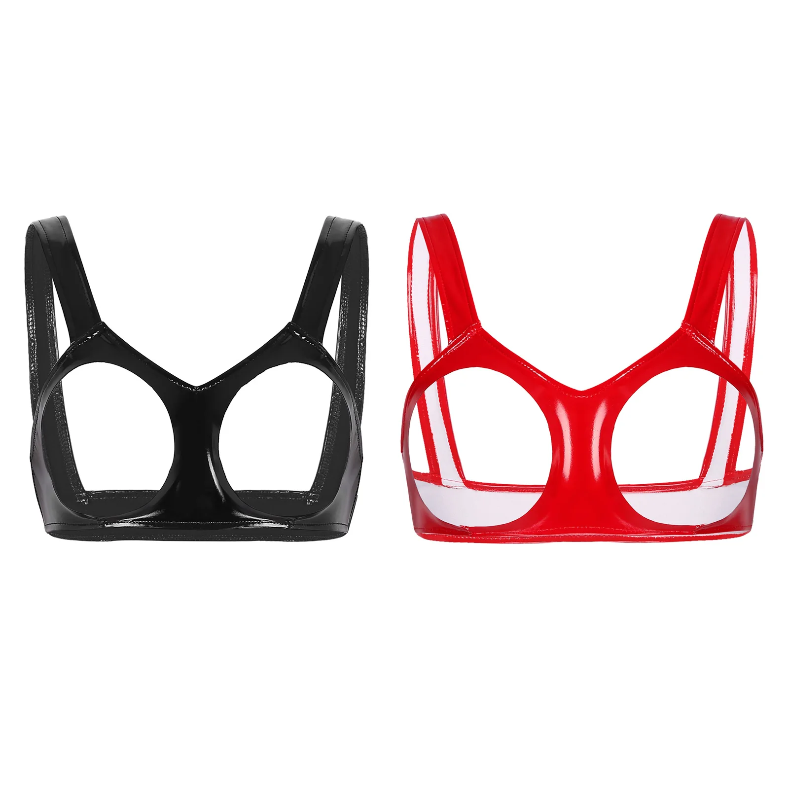 

Sexy Womens Wetlook Lingerie Faux Leather Hollow Out Open Nipples Cups Bra Underwear Vest Tank Crop Tops Female Erotic Brassiere
