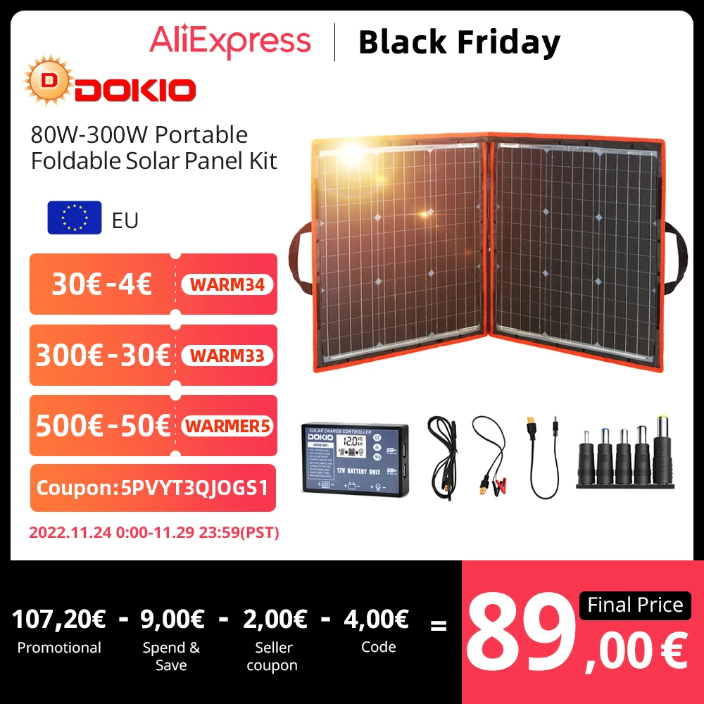 Dokio 18V 80W 100W 200W Portable Foldable Solar Panel With 12V Controller Flexible Solar Panel For House Camping Travel