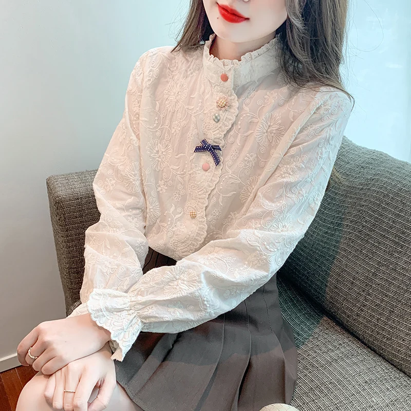 

Flower Chiffon Women's Shirt Summer 2023 New Casual Lace Blouses Long Sleeves Top O-Neck Ladies Clothing YCMYUNYAN
