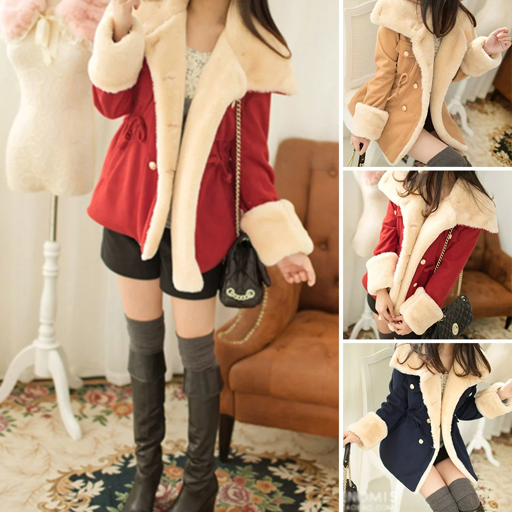 

Women's Thick Lined Winter Jackets Double Breasted Lapel Collar Short Coat Woman's Outwear Hip Length Drawstring Waist H9