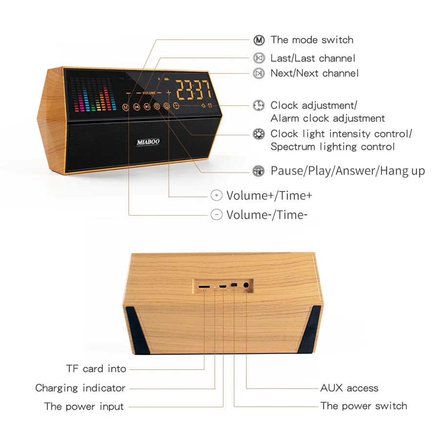 Wooden sound box with bluetooth, bt clock colorful led display screen dynamic bluetooth spectrum with vintage retro enlarge