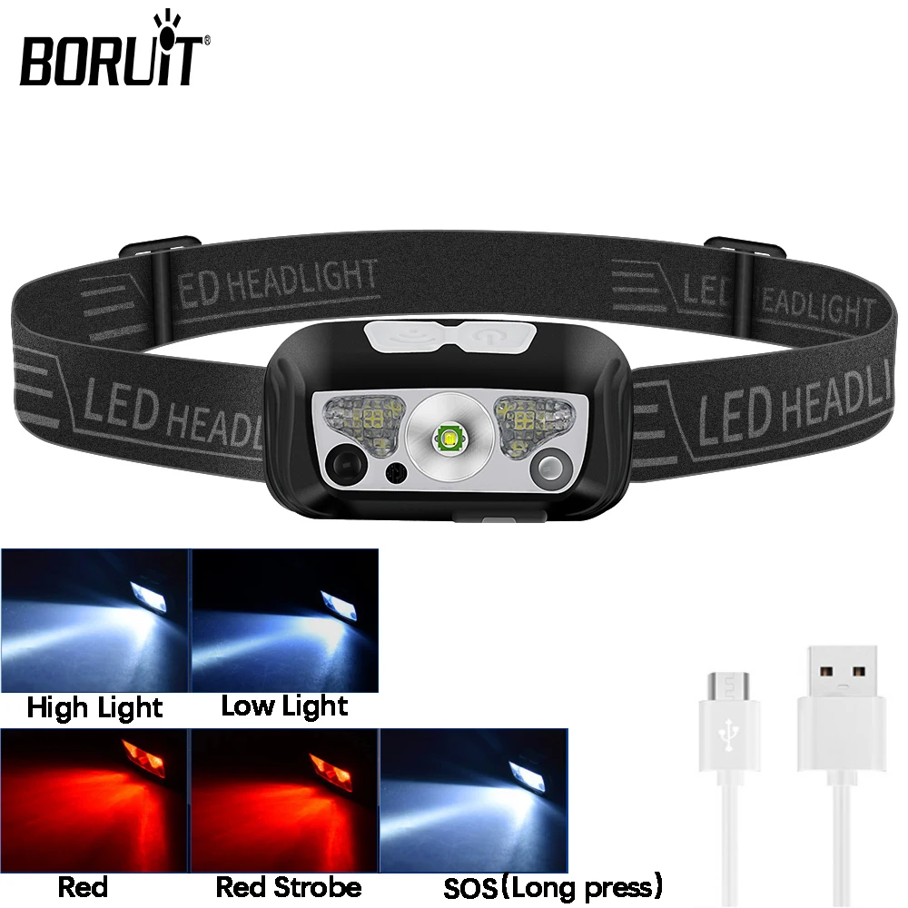 BORUiT B12 Mini LED Headlamp Motion Sensor Headlight 5 Light Mode Head Flashlight USB Rechargeable Light Waterproof Camping Lamp