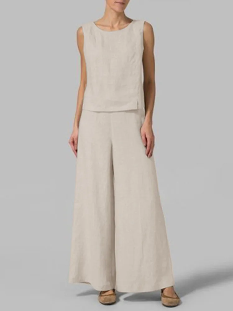 

Women O-Neck Vest Top+ Long Pants Casual Street Suits Summer Fashion Hollow Sleeveless Outfit Solid Cotton Linen Retro 2pc Sets