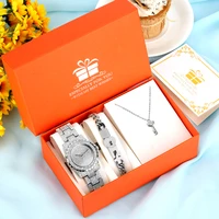 silver watch women luxury bracelet necklace gift set for girlfriend elegant ladies rhinestone reloj de mujerquartz wristwatches