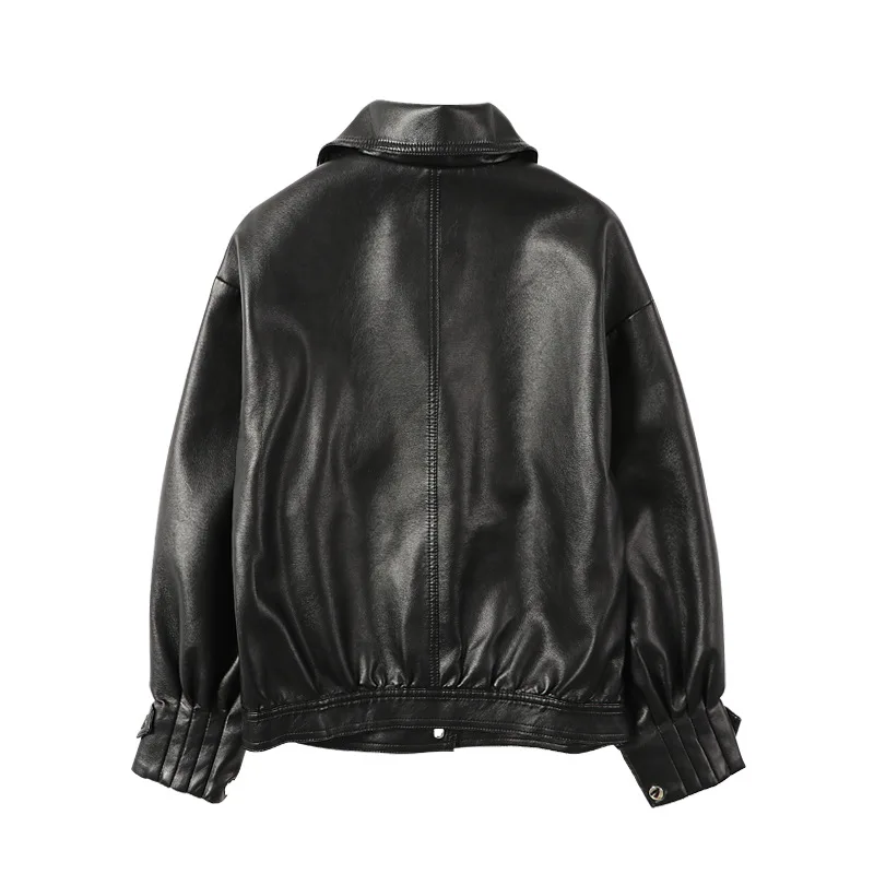 Leather Coat Women's Spring  Autumn 2022 Korean Fashion Lapel Lantern Sleeve Loose Motorcycle Jacket Pu Leather Jacket Short Top