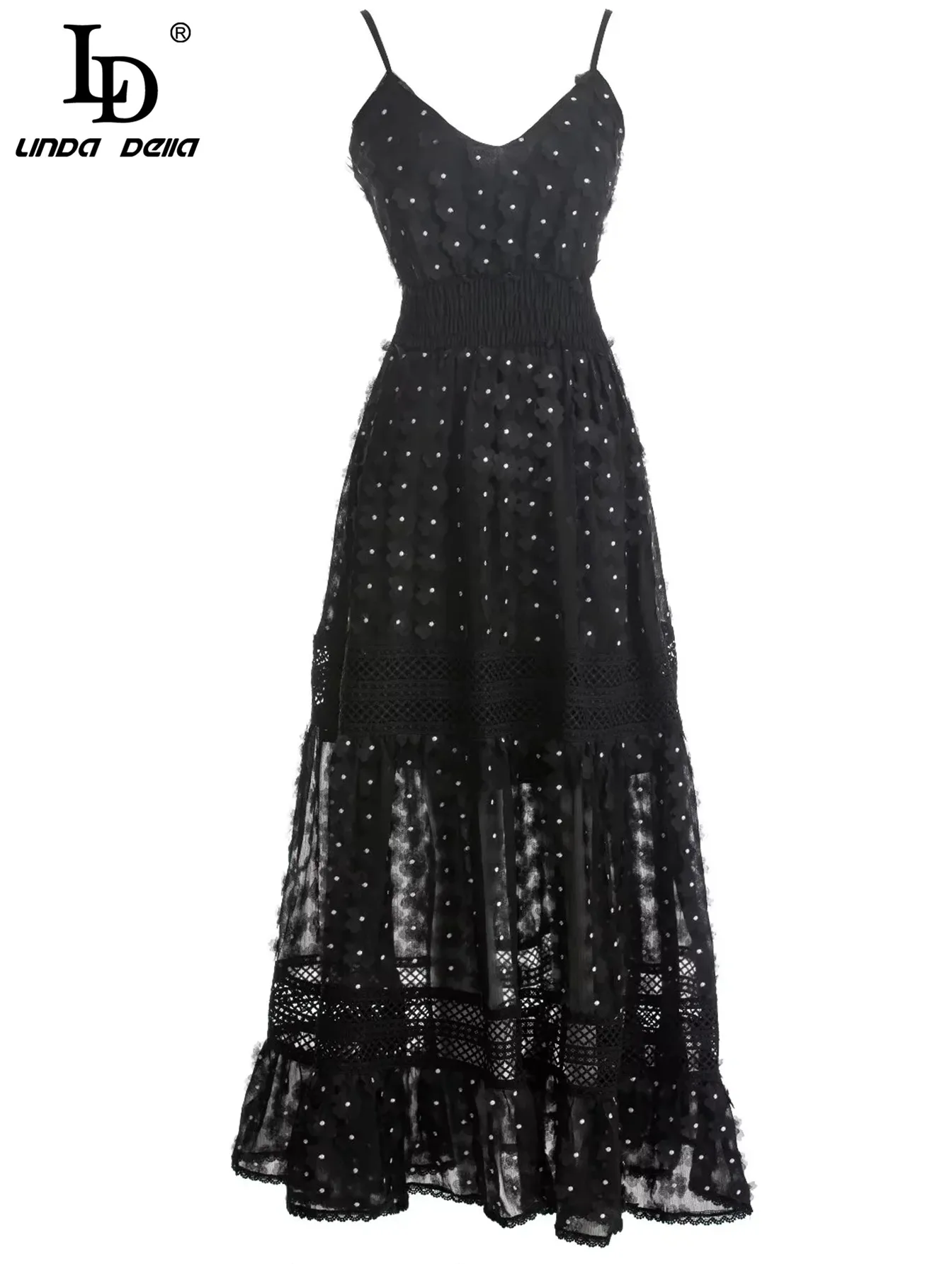 

LD LINDA DELLA Designer 2022 Summer Party Sexy Dress Women Spaghetti Strap Elastic waist Appliques Hollow Out Black Long Dress