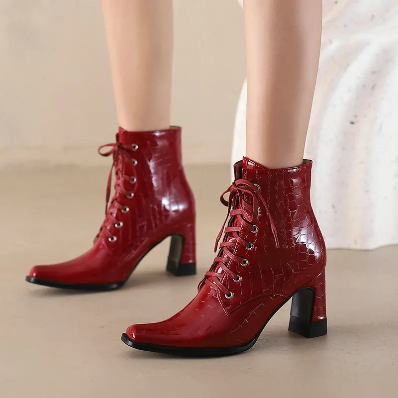 

Ботильоны женские из искусственной кожи, Крокодиловая Кожа, на шнуровке, заостренный носок, высокий каблук, красные, белые, 33 размера, для зр...