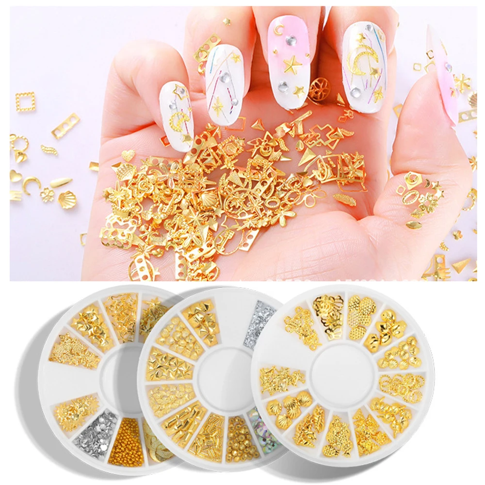 

12 Girds Metal Rivets Nail Studs Mixed Heart Frame Moon Star Gold Jewelry 3D DIY Tips Nail Art Decorations Manicure Accessories