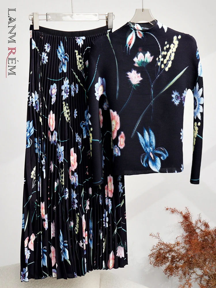 

LANMREM Retro Printed Pleated 2 Pieces Set For Women High End Round Neck Long Sleeves Tops High Waist Fold Skirts 2023 32D126