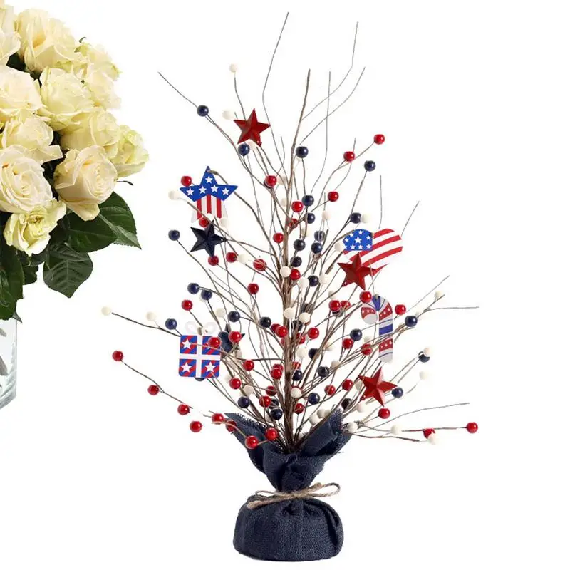 

Artificial Tree Patriotic Decorations 4th Of July Independence Day Berry Tree With Red Blue White Stars Portable Memorial Day