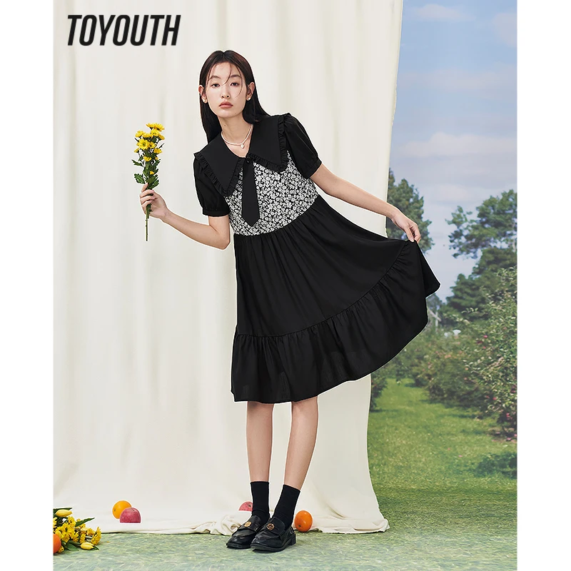 Toyouth Women Fake Two Piece Dress 2023 Summer Short Sleeve Lace Doll Collar Floral Pattern Cute Chic Skirt