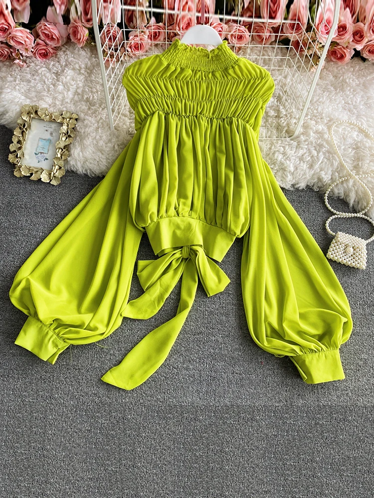 

Spring Retro Elegant Temperament Blouse Female French Lantern Sleeve High Collar Blusa Pleated Waist Short Shirt C650