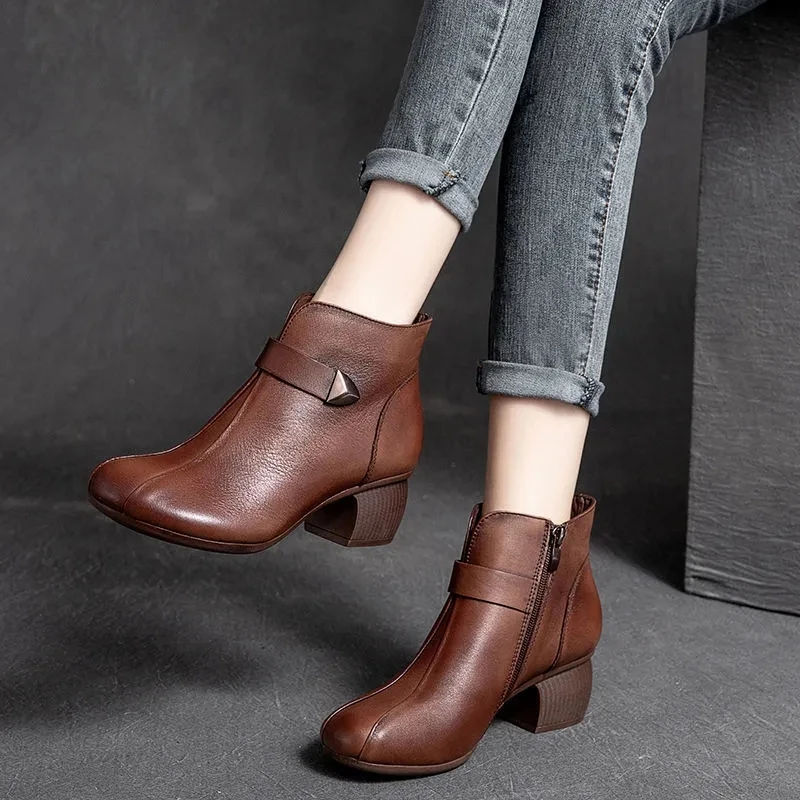 

2022 Spring New Handmade Retro Authentic Leather Boots Women's Medium Chunky Heel Cowhide Soft Bottom Comfortable Middle-Aged