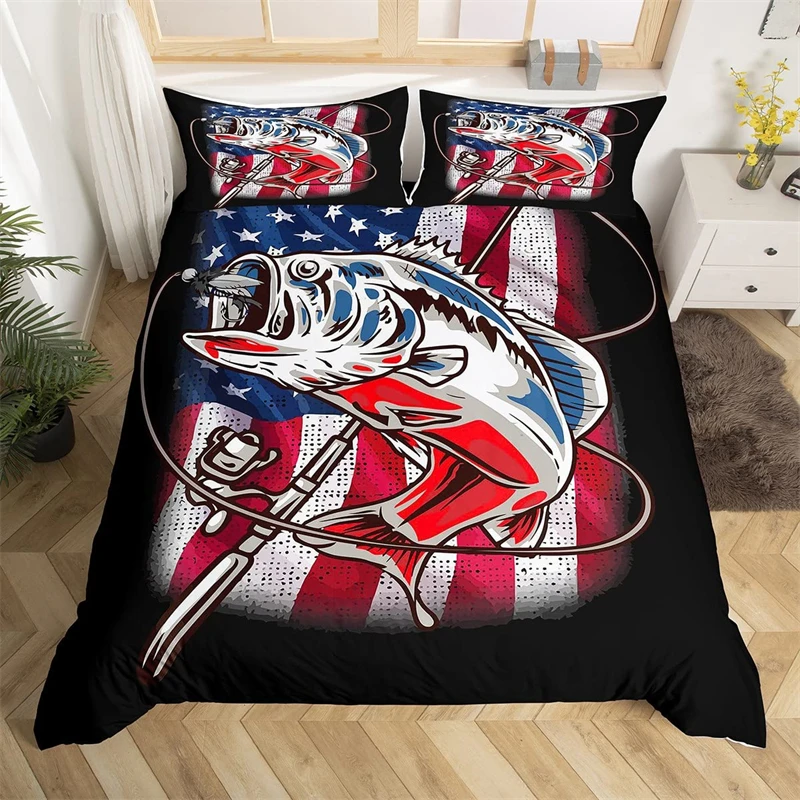 

Fishing Comforter Cover Set Twin Bass Fish American Flag Duvet Cover Farmhouse Pike Fishing Bedding Set for Kids Boys Girls Teen