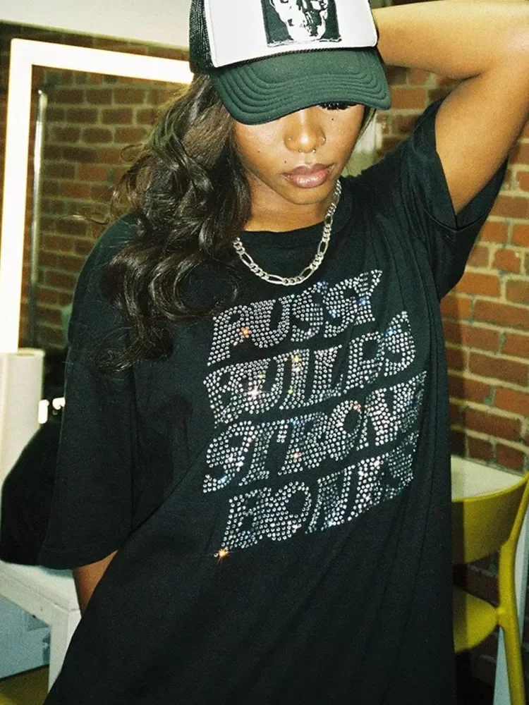 

Vintage Rhinestone Letter Goth Graphic T Shirt Women Y2k Style Oversize O-neck Tshirt Black Streetwear Short Sleeve T-shirt