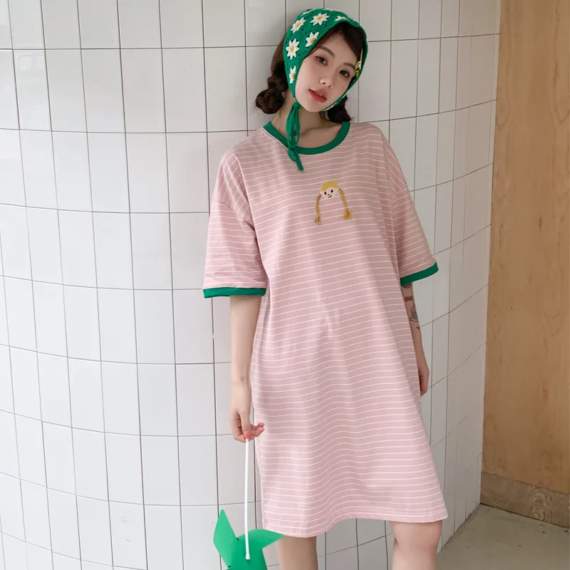 Pajamas for Women's Summer Cotton Short-sleeved Nightgowns with Round Neck Striped Sleepwear Elegant and Cute Style Loungewear