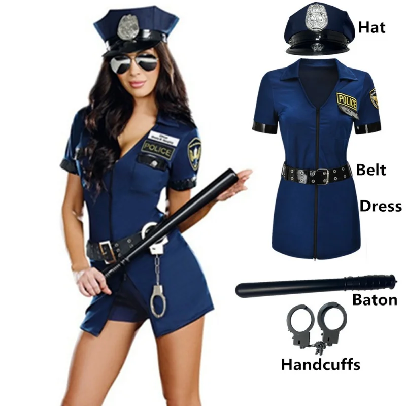 

Черные, синие сексуальные полицейские костюмы, полный комплект, Женский костюм полицейского офицера для косплея, костюм на Хэллоуин, яркий наряд, платье, одежда, стрейч