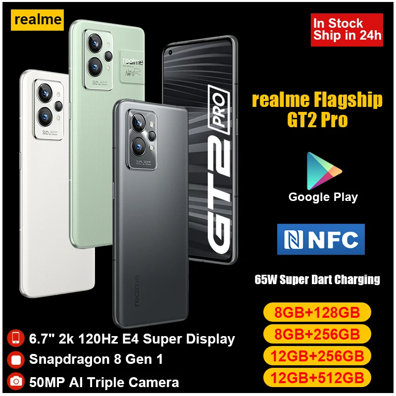 Realme GT 2 Pro 5G Mobile Phone Snapdragon 8 Gen1 120HZ 2K AMOLED Screen 5000 mAh 65W Charger 50MP google play NFC smartphone