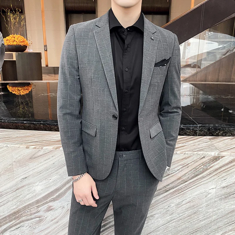 

Fine men's (suit + trousers) 2023fashion handsome trendy Korean version of slim business dress plaid suit suit two-piece