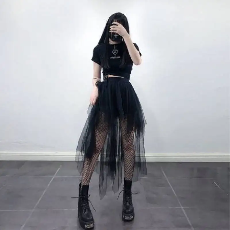 

Women Gothic Multilayer Irregular Aesthetic Fairy Grunge Midi Skirts Punk Emo Fashion Goth Skirt Black Mesh Mini Y2k Skirt 42AP