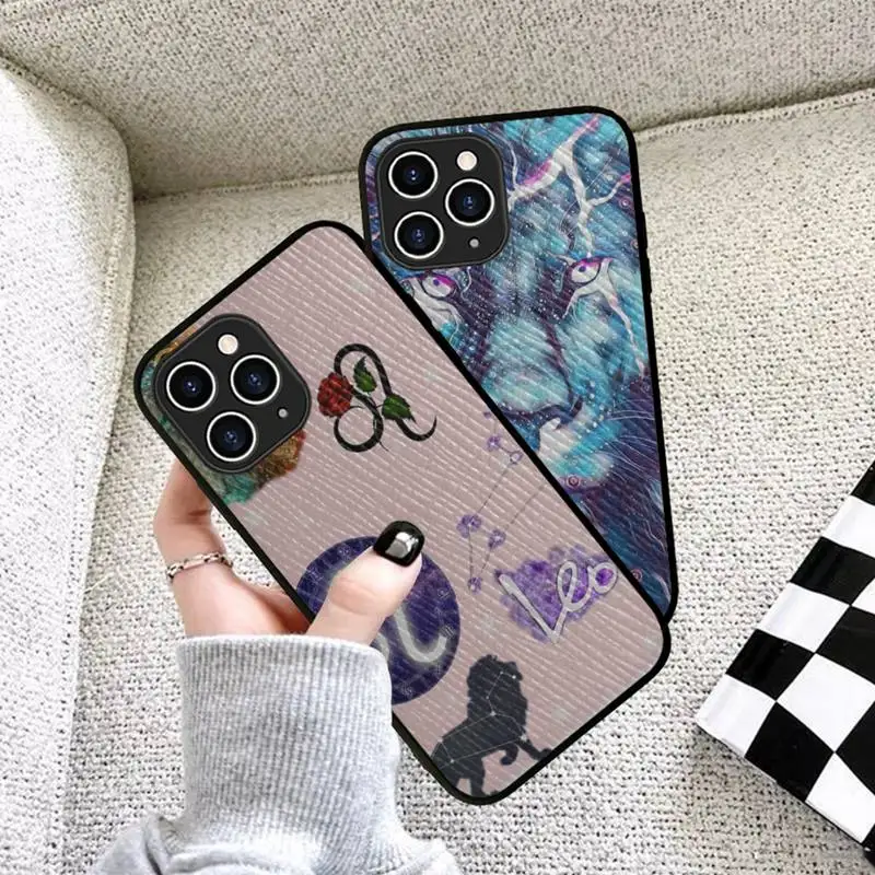 

YNDFCNB Constellation Leo Phone Case Hard Leather Case for iPhone 11 12 13 Mini Pro Max 8 7 Plus SE 2020 X XR XS Coque