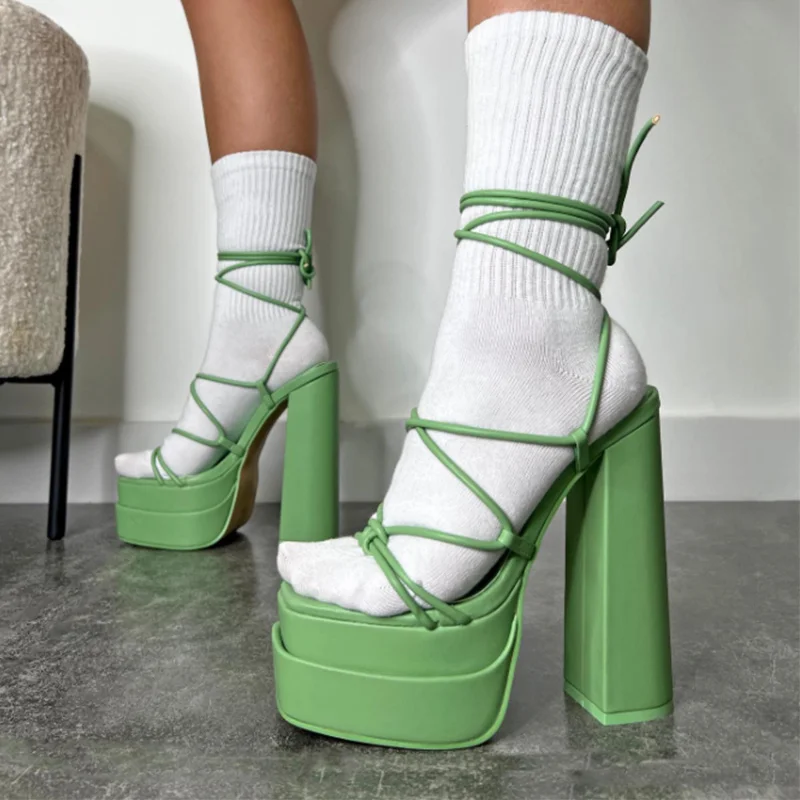 

2022 New Summer Women Sandals New Sexy Chunky High Heels Pumps Platform Dress Shoes Wedding Shoes Cross Lace Up Female Sandals