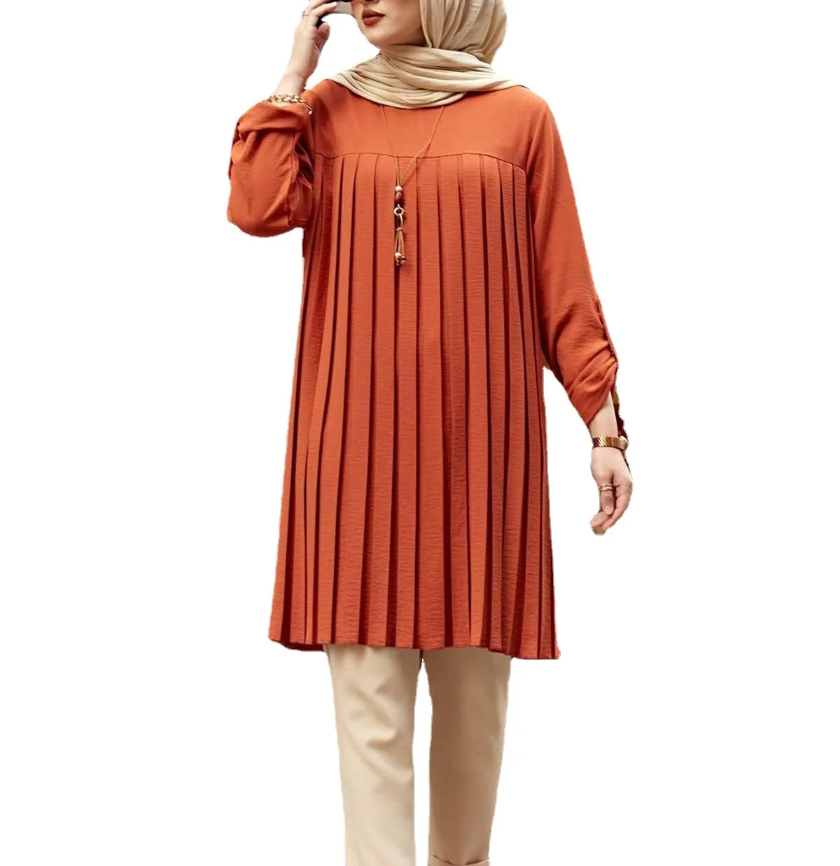Muslim Casual Pleated Blouse for Women Spring Loose Long Sleeves O-neck Shirt Middle Islam East Female Tops  muslim fashion