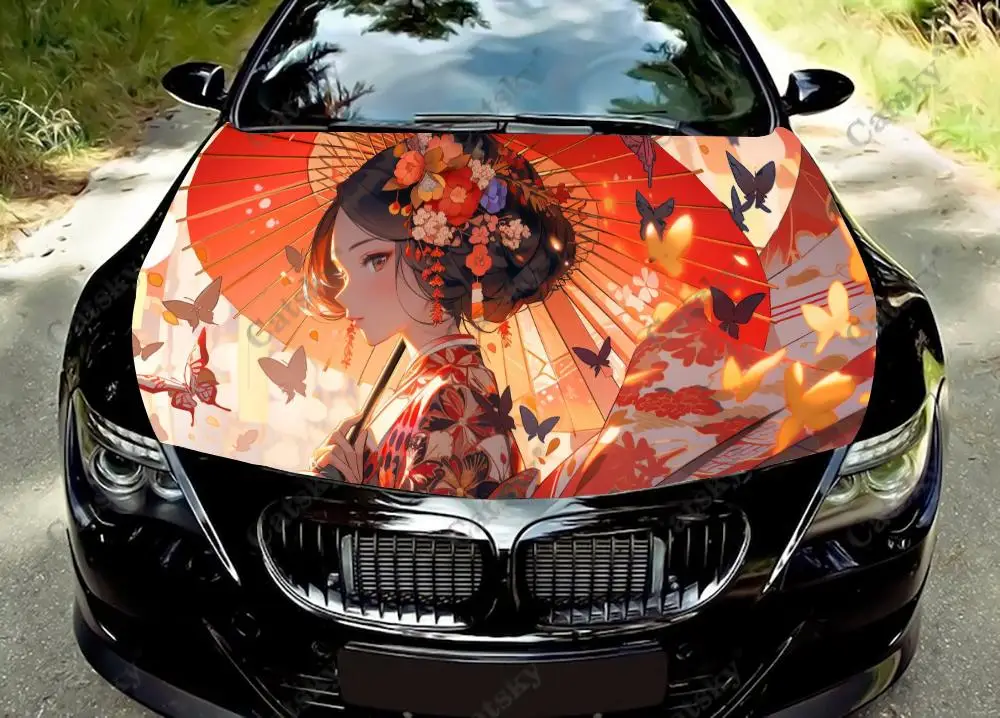 

Виниловые стикеры в стиле аниме «гейши в кимоно» для капота автомобиля, виниловая пленка, наклейки на крышку двигателя, автомобильные аксессуары