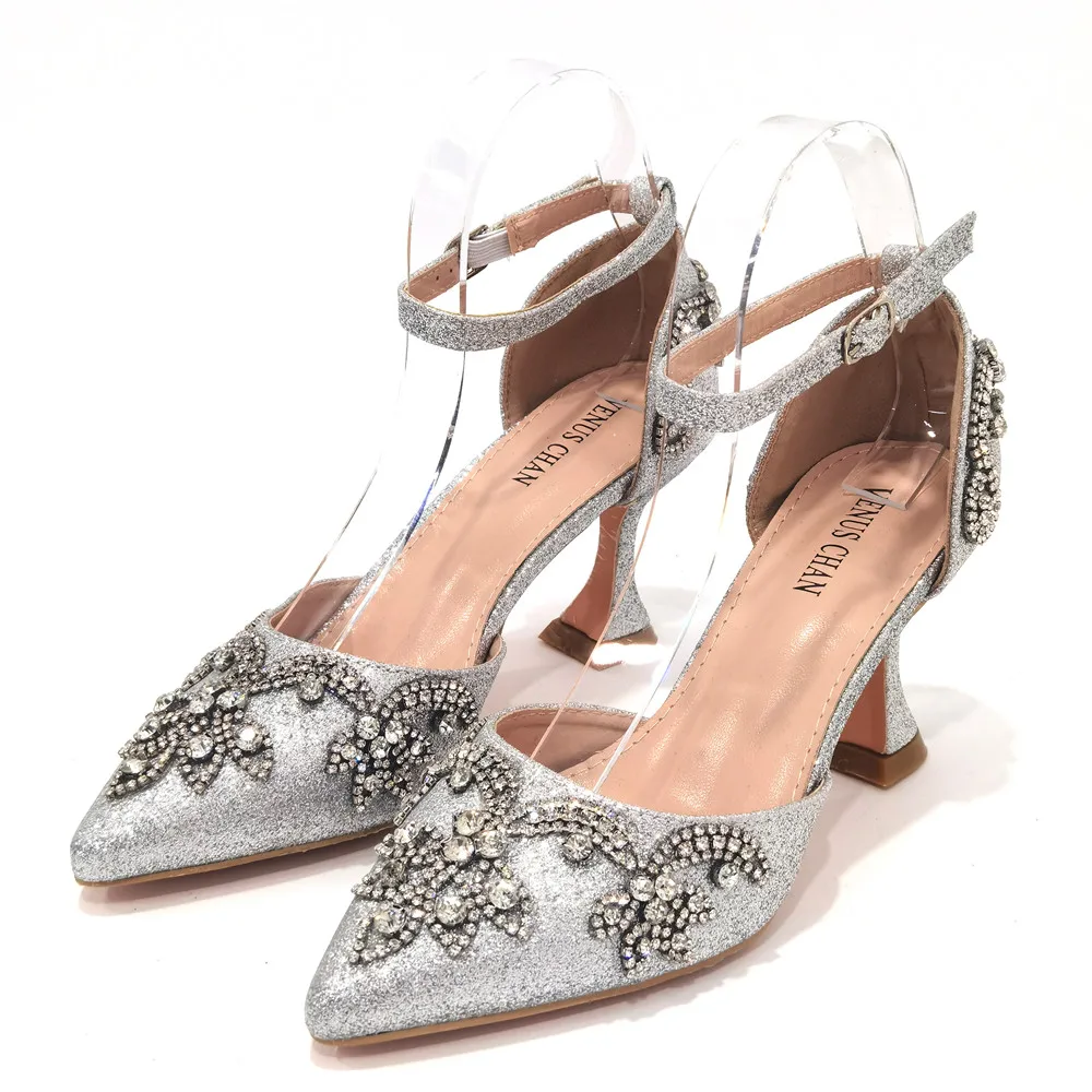 CINESSD  Fresh Beautiful Silver Women's Shoes Totem-style Arrangement Of Rhinestone Design Party Ladies Shoes And Handbags